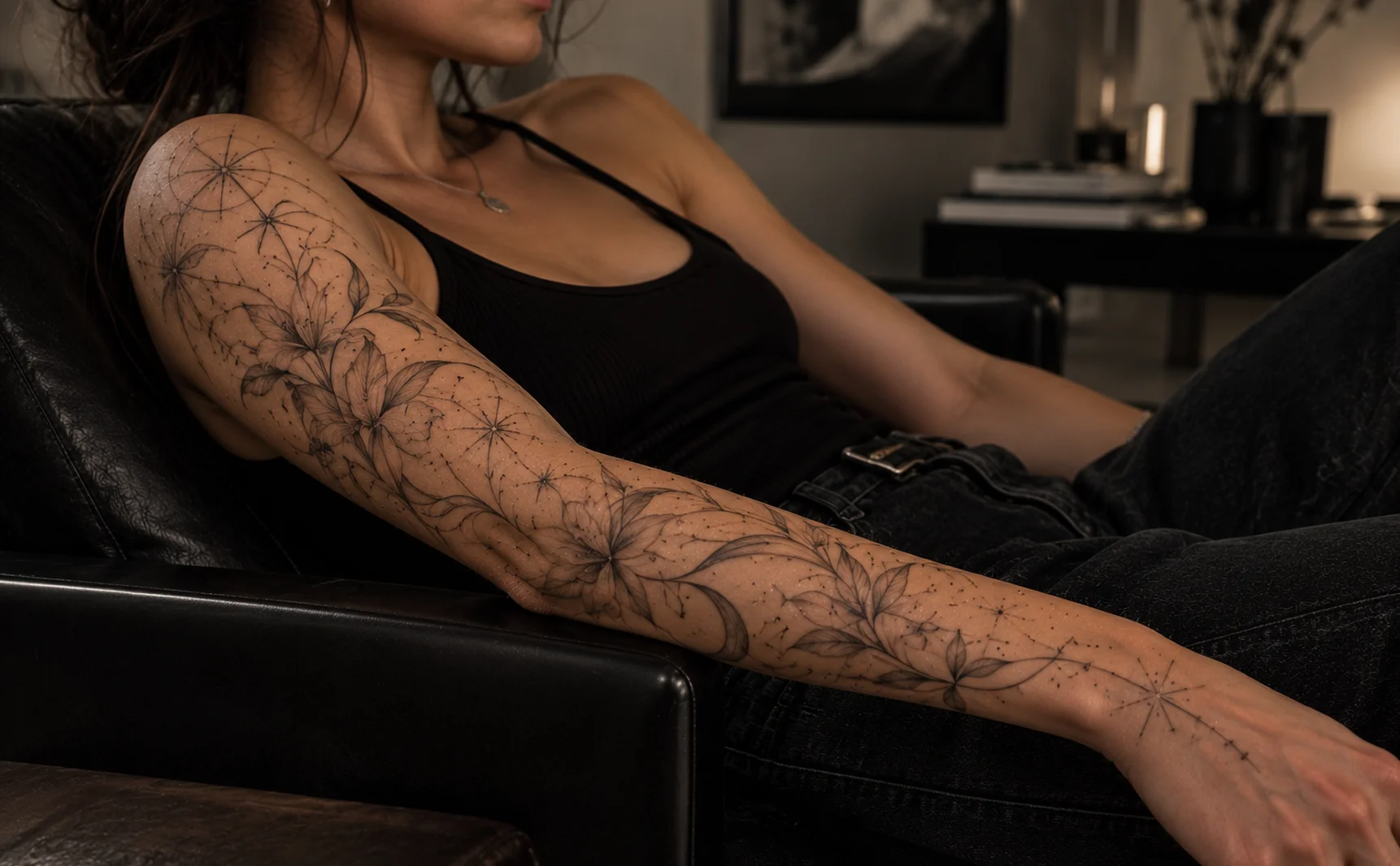 Lunar Garden healed fine line tattoo on full sleeve, healed 18 months