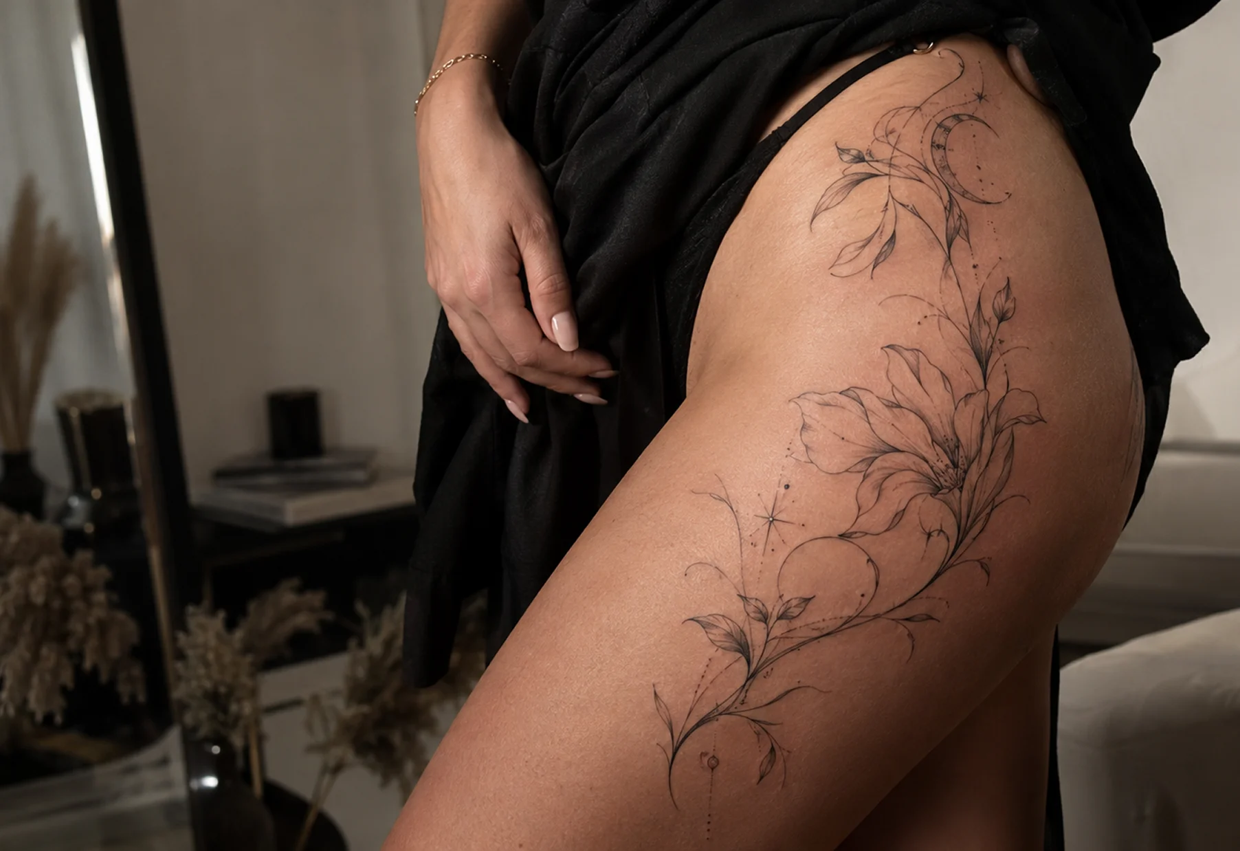 Lunar Bloom healed fine line tattoo on botanical, healed 1 year