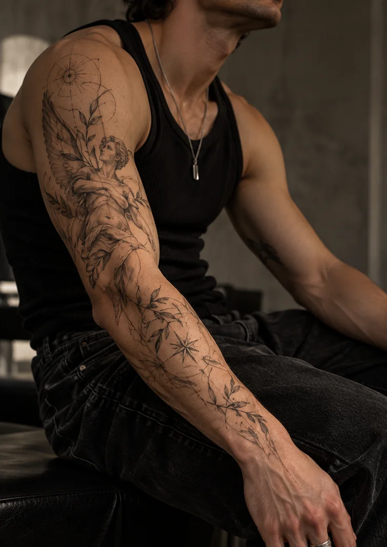 Divine Ascent healed fine line tattoo on full sleeve, healed 2 years
