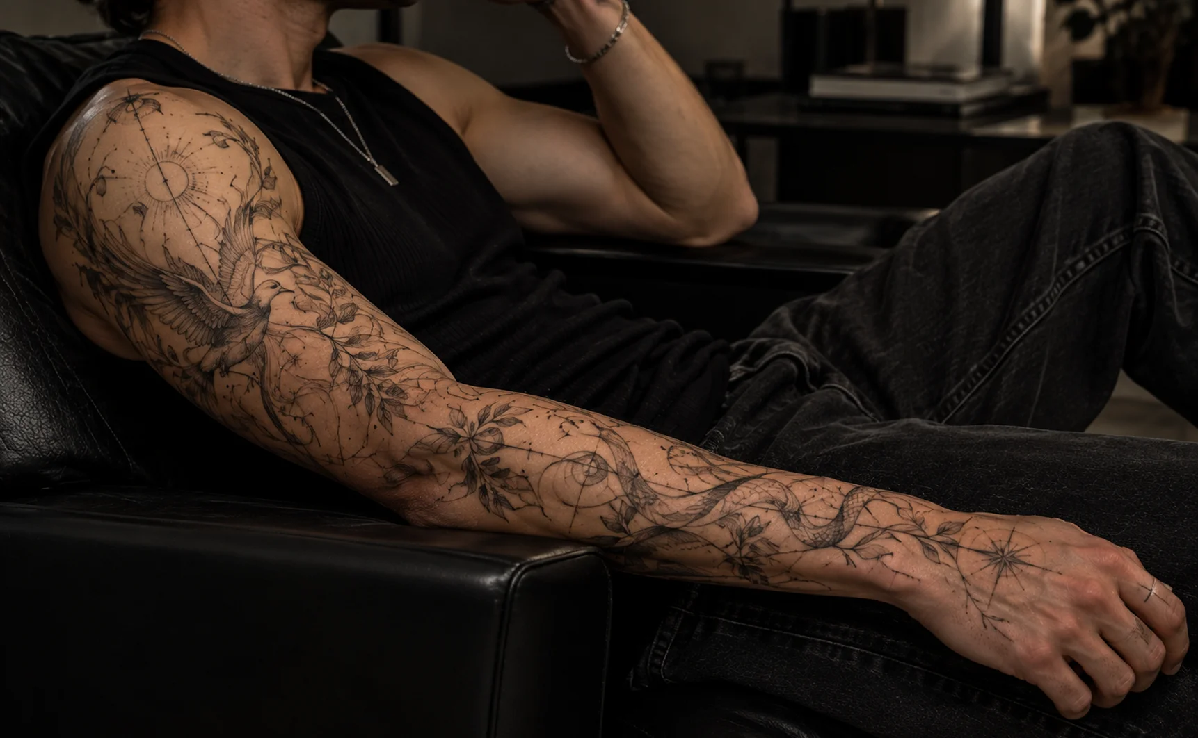 Celestial Flight healed fine line tattoo on botanical, healed 1 year