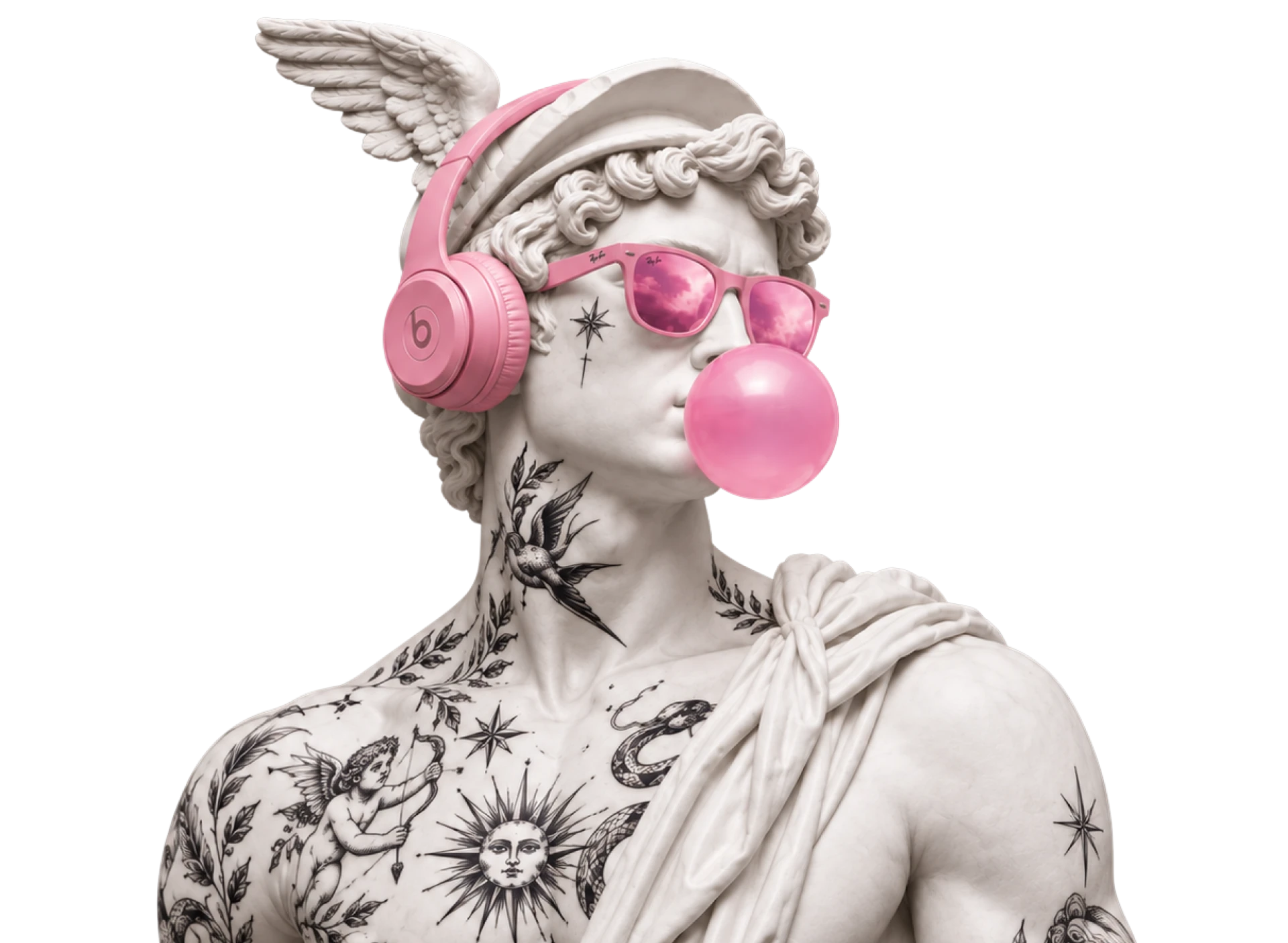 Marble statue with pink headphones, sunglasses and tattoos
